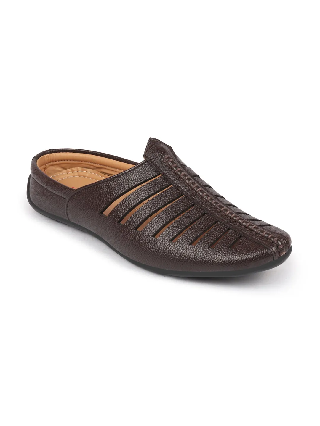 Men Brown Laser Cut Design Back Open Evening Party Ethnic Mules Slip On Shoes