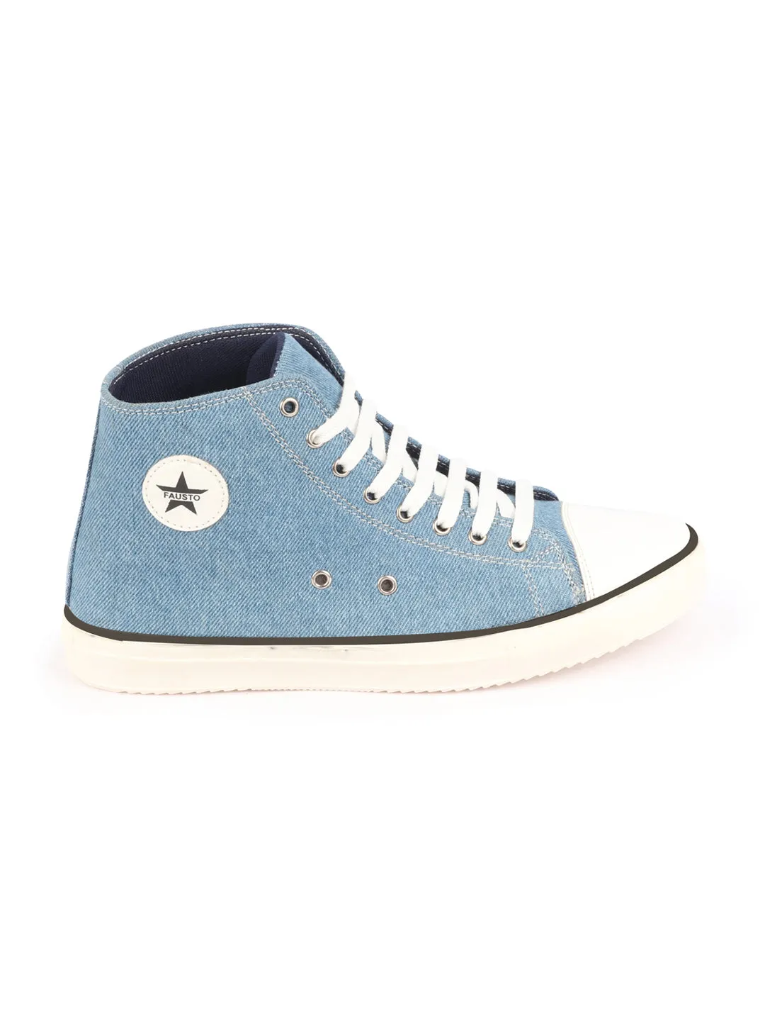 Men Sky Blue Mid Top Star Toe Cap Upper Denim 8-Eye Lace Up Canvas Sneakers Shoes