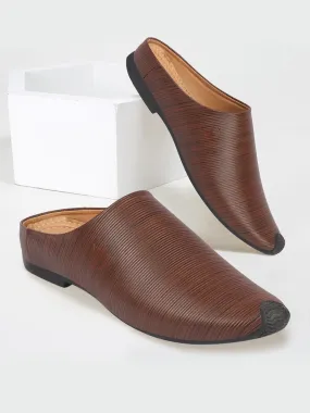 Men Tan Back Open Classic Design Textured Slip-On Ethnic Juttis and Mojaris