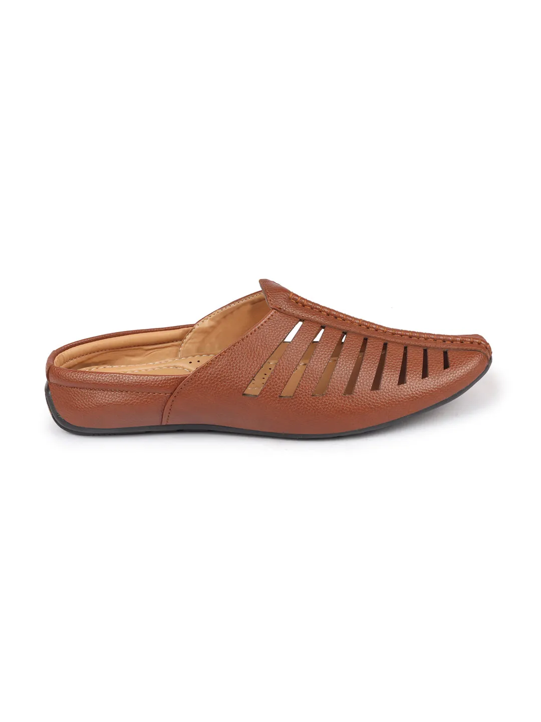 Men Tan Laser Cut Design Back Open Evening Party Ethnic Mules Slip On Shoes