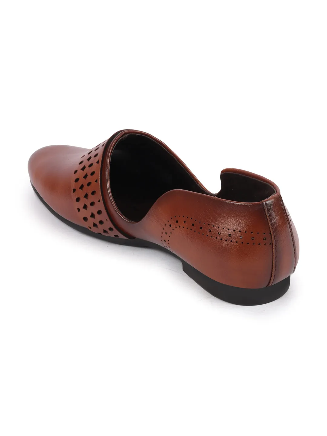 Men Tan Laser Cut Design Side Open Broad Feet Ethnic Party Slip On Shoes