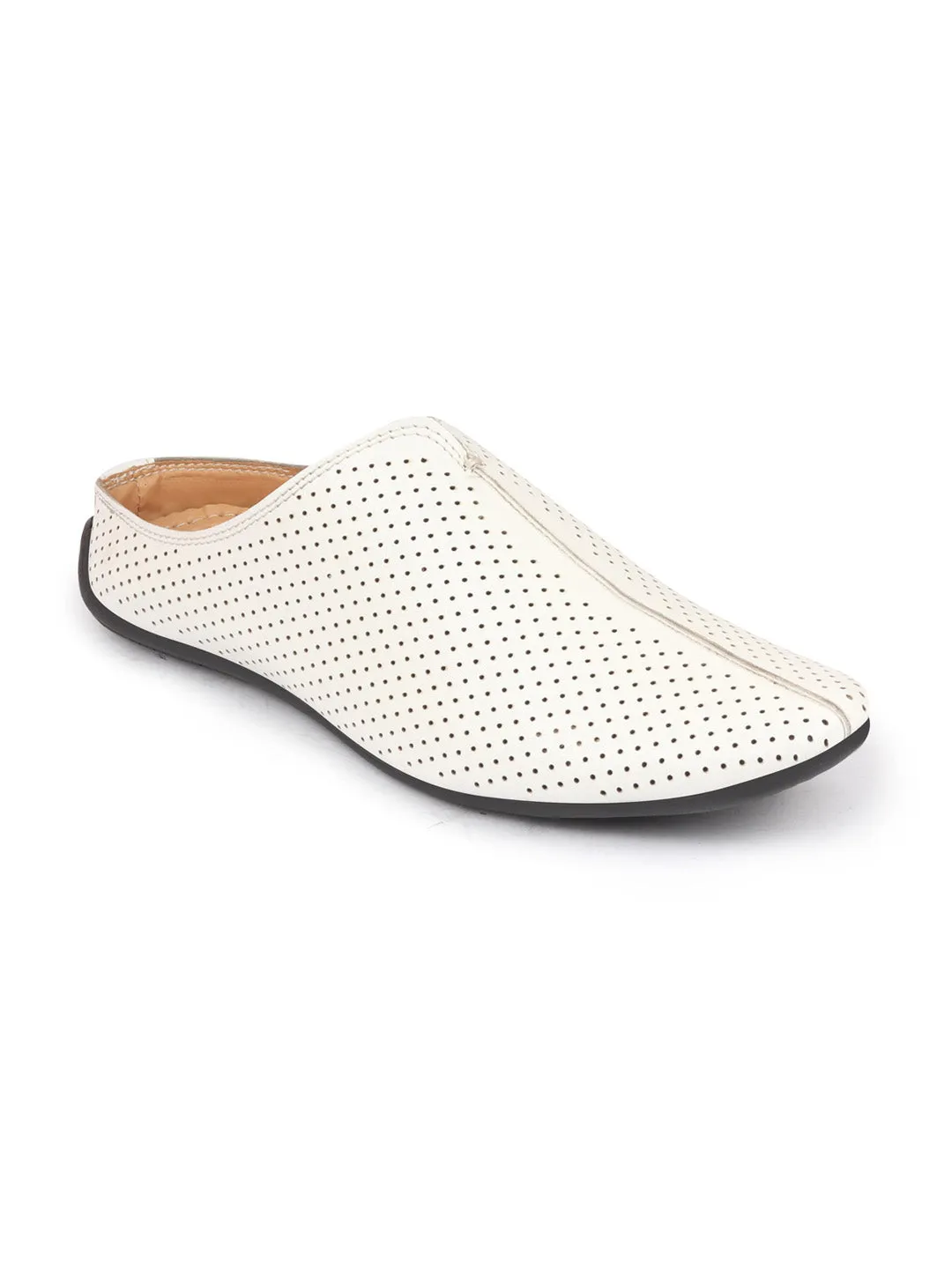 Men White Back Open Perforated Design Ethnic Party Wedding Mules Slip On Shoes