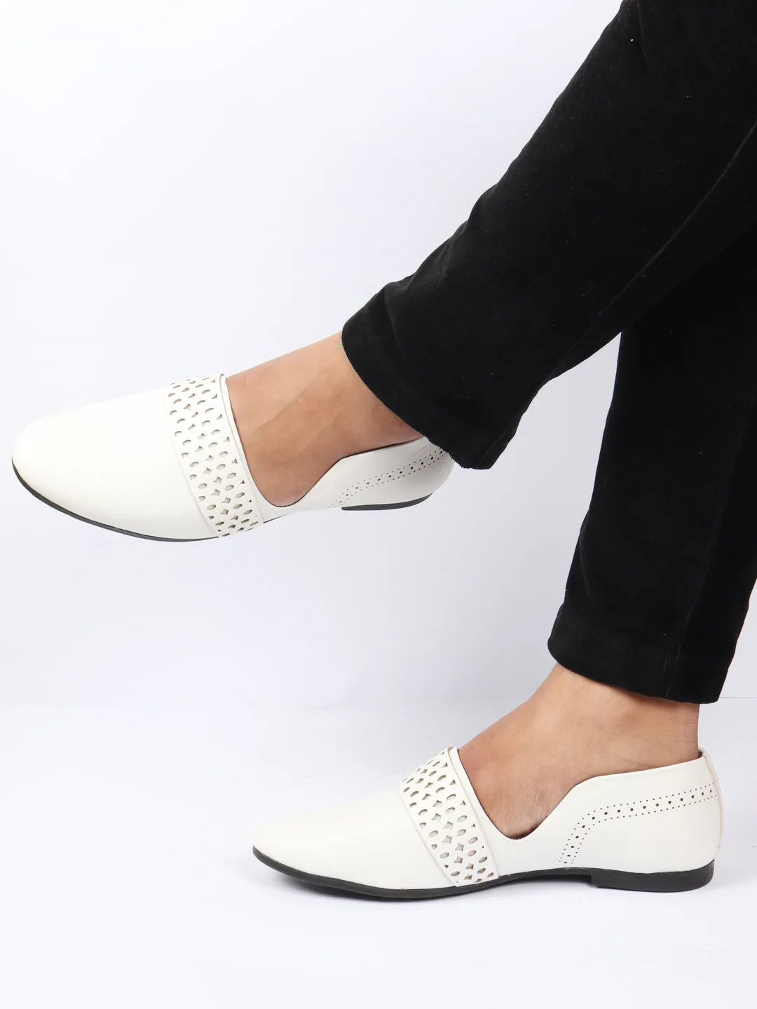 Men White Laser Cut Design Side Open Broad Feet Ethnic Party Slip On Shoes