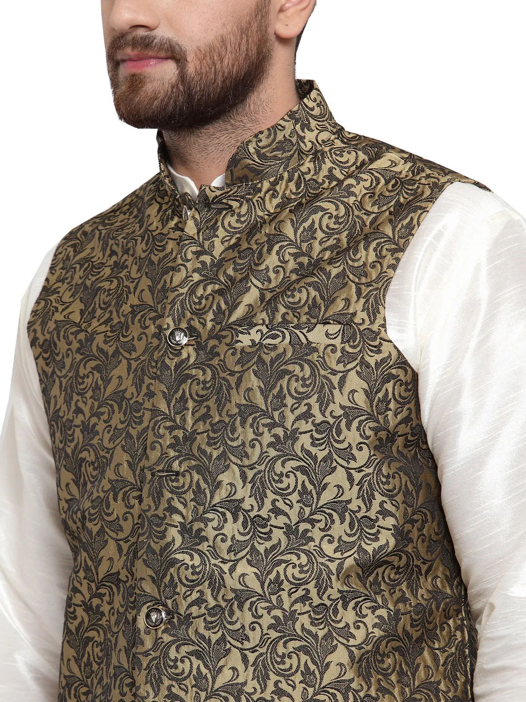 Men's Jacquard Sleeveless Nehru Jacket India Waistcoat (Gold)