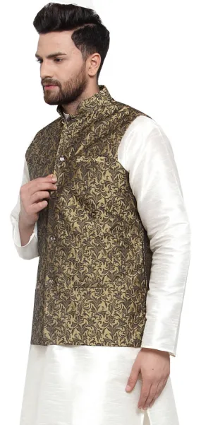 Men's Jacquard Sleeveless Nehru Jacket India Waistcoat (Gold)