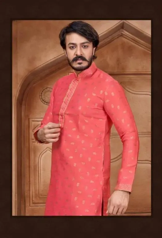 Men's Pure Jacquard Leaf Printed Kurta Pajama Set - Pink