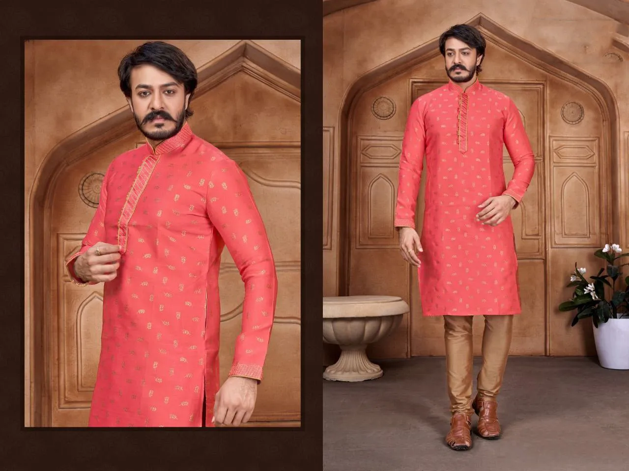 Men's Pure Jacquard Leaf Printed Kurta Pajama Set - Pink