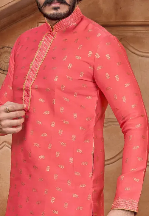 Men's Pure Jacquard Leaf Printed Kurta Pajama Set - Pink