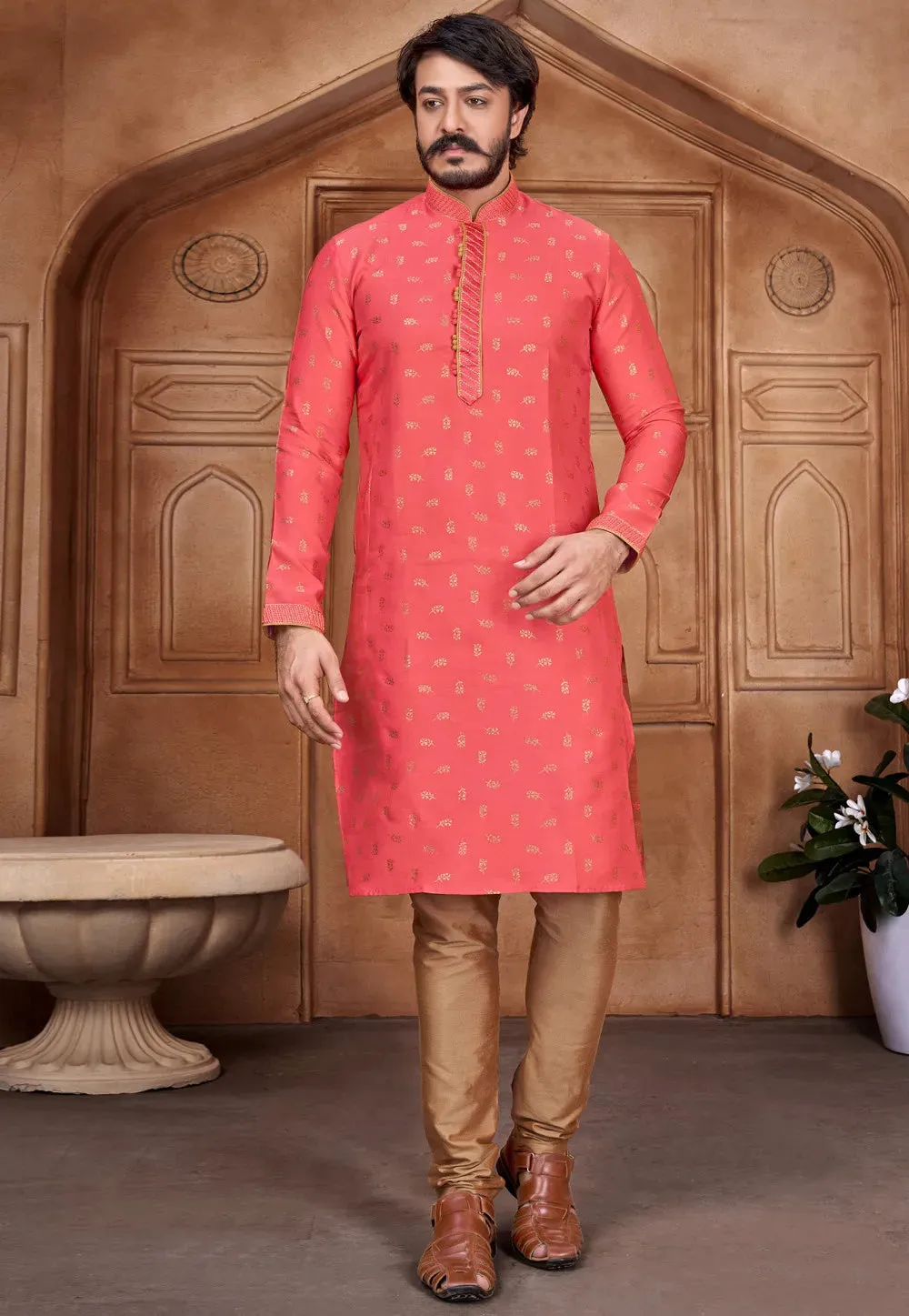 Men's Pure Jacquard Leaf Printed Kurta Pajama Set - Pink