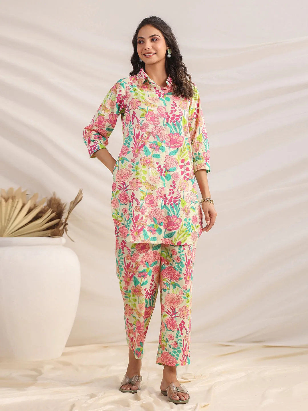 Multicolour Cotton Floral Regular Co-ord Set