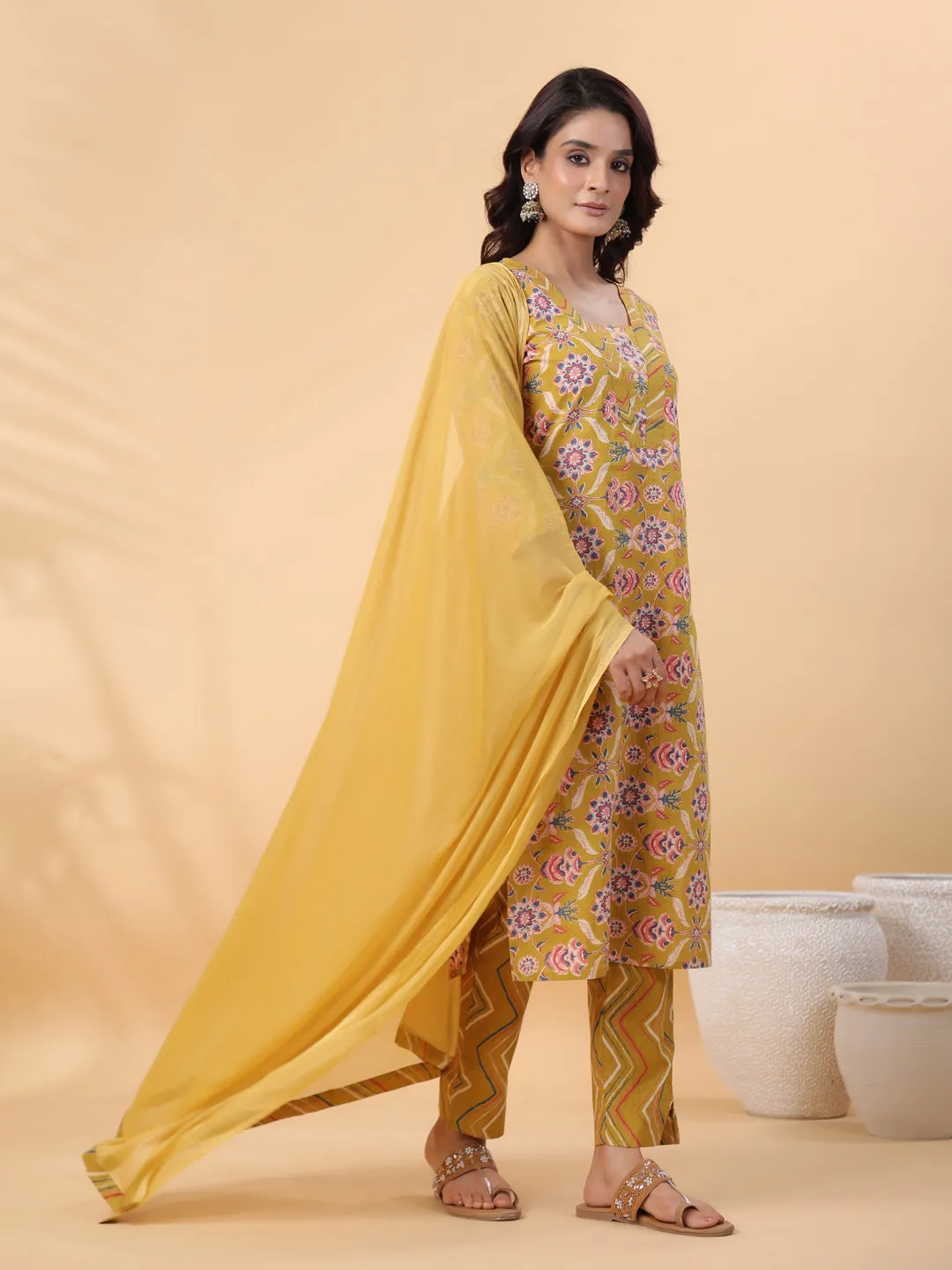 Mustard Cotton Floral Straight Kurta Pant Set