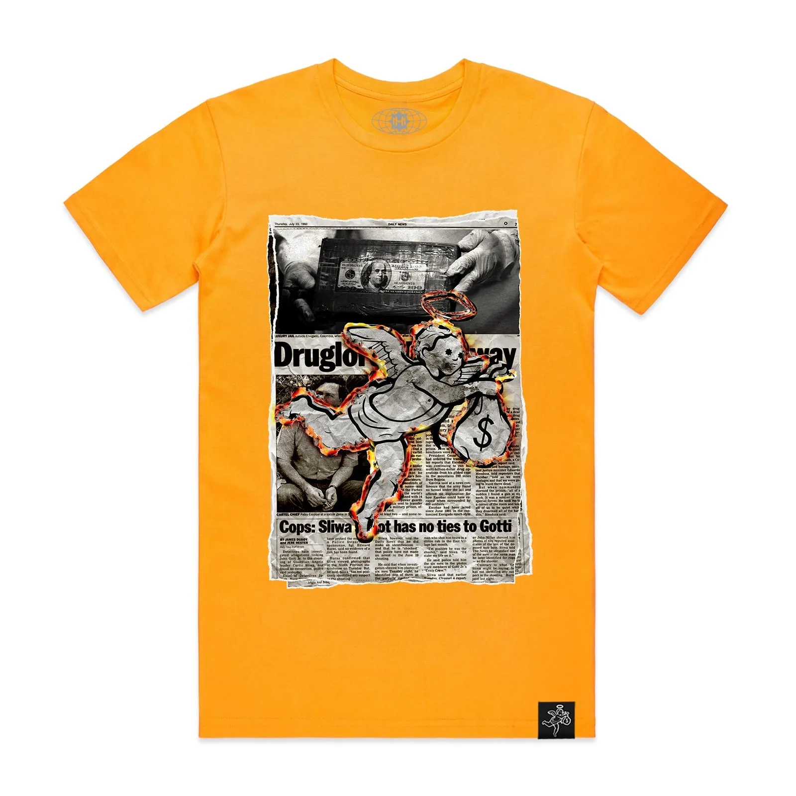 NEWSPAPER BURNING ANGEL TEE ORANGE