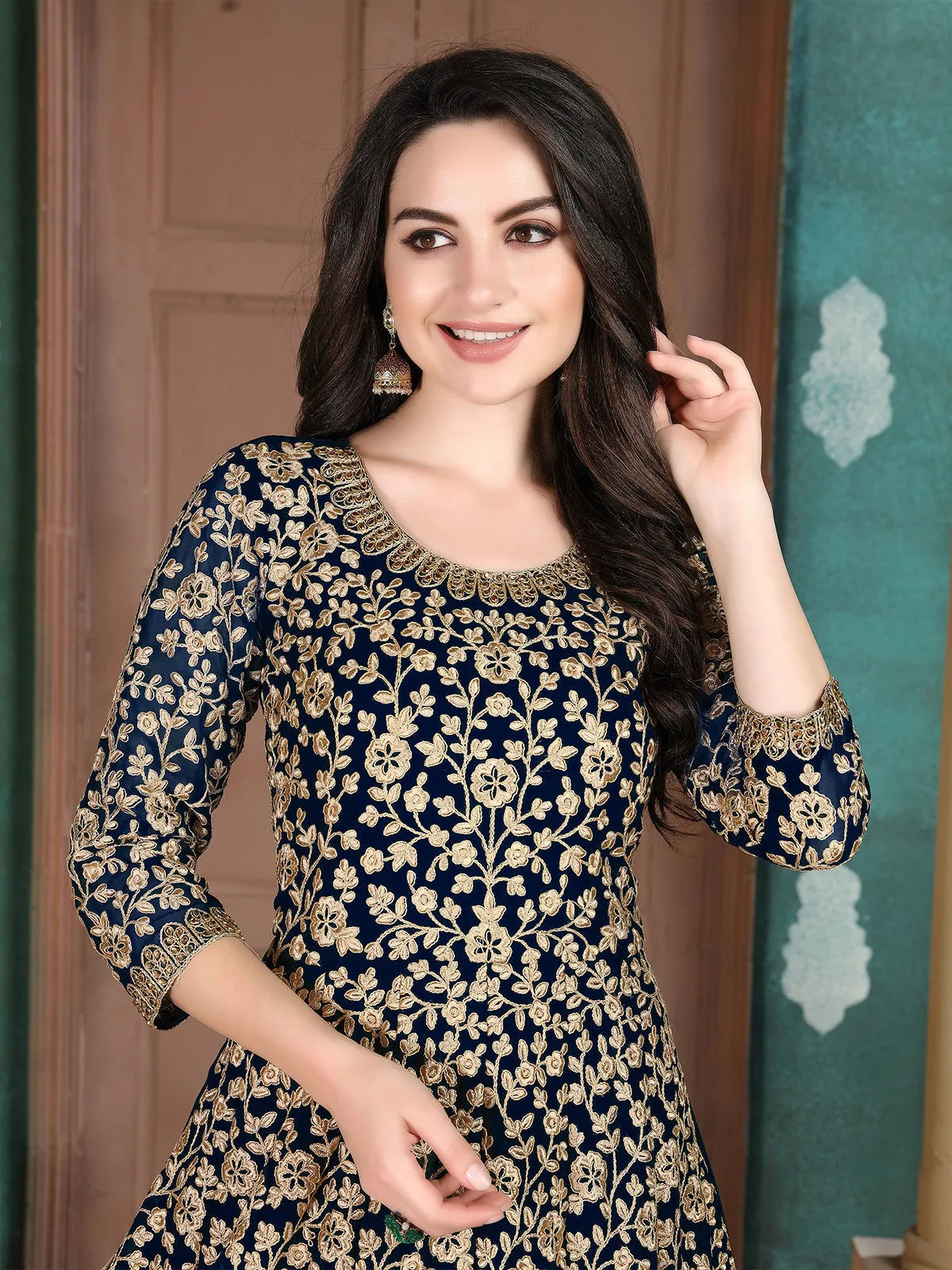 Odette Blue Georgette Embroidered Semi stitched Kurta Set For Women