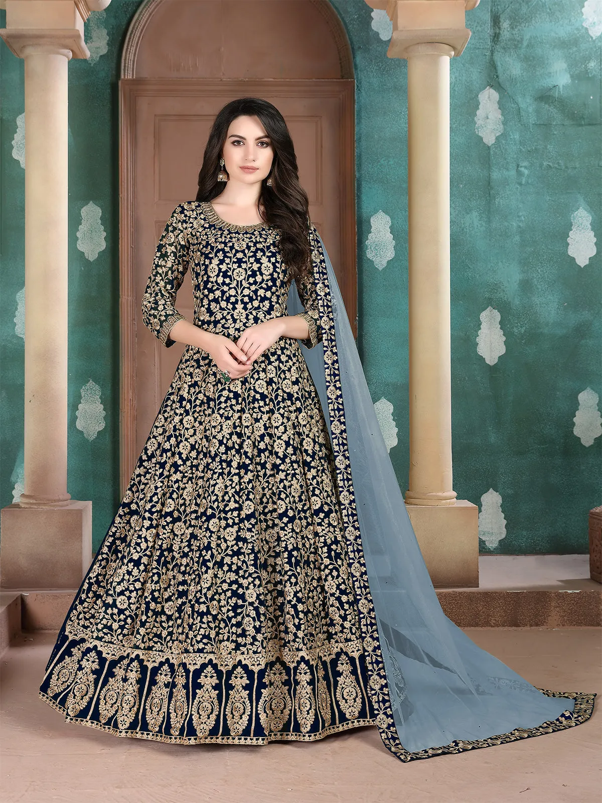 Odette Blue Georgette Embroidered Semi stitched Kurta Set For Women