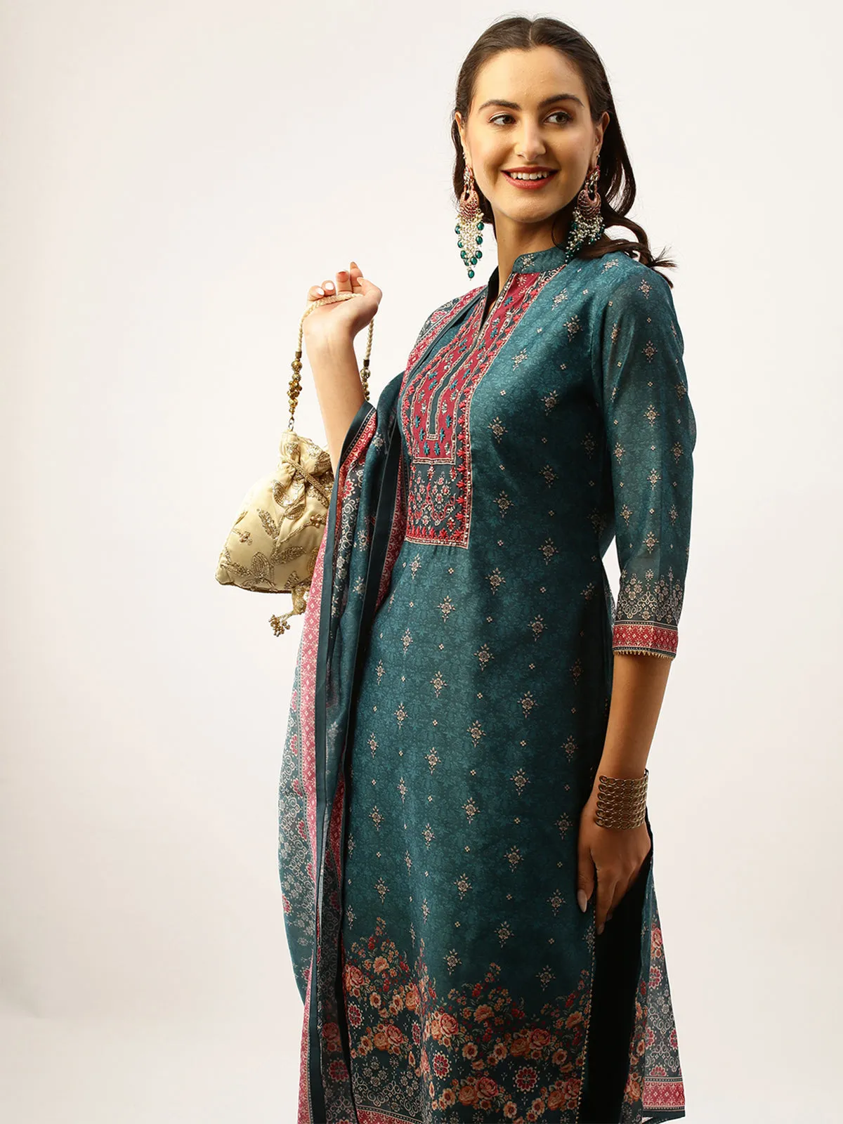 Odette Chanderi Silk All Over Print Teal Straight Stitched Kurta Set With Dupatta For Women