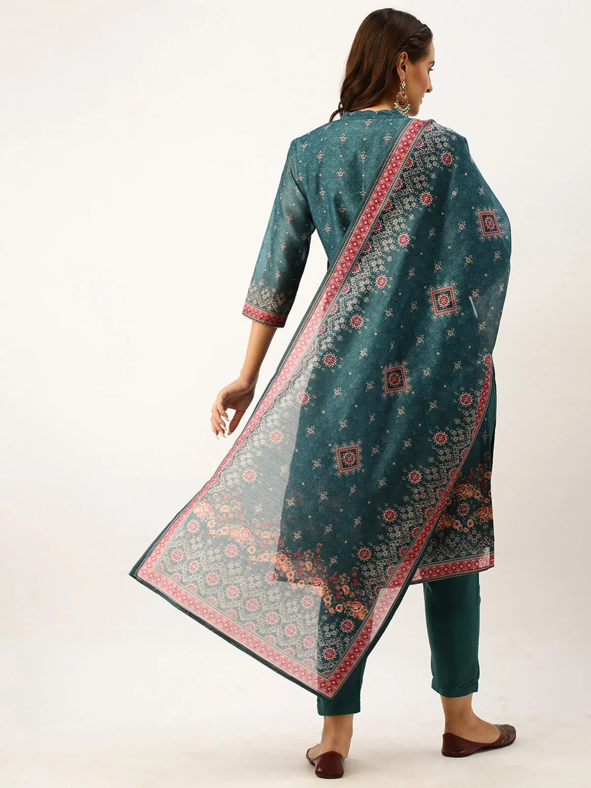 Odette Chanderi Silk All Over Print Teal Straight Stitched Kurta Set With Dupatta For Women