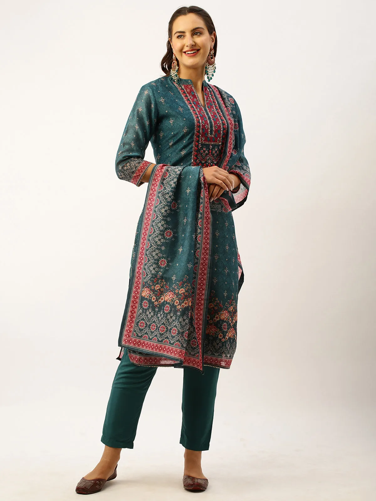 Odette Chanderi Silk All Over Print Teal Straight Stitched Kurta Set With Dupatta For Women