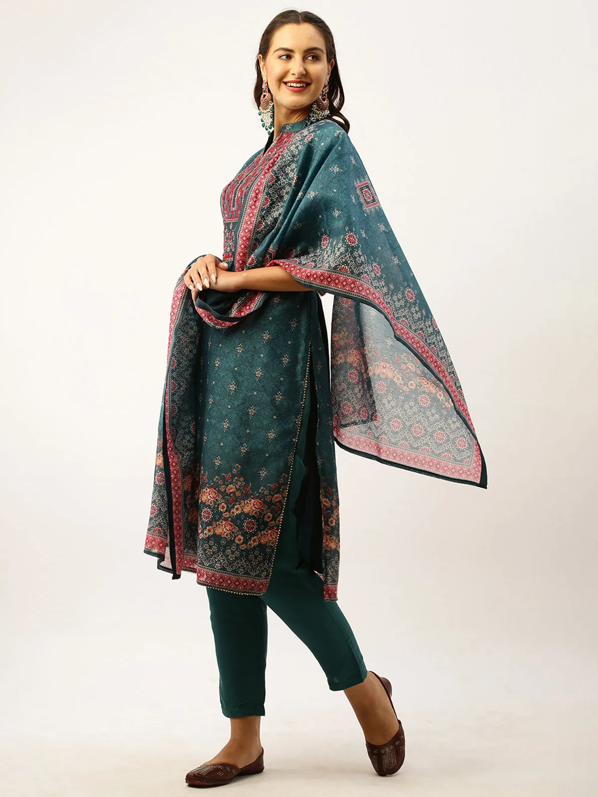 Odette Chanderi Silk All Over Print Teal Straight Stitched Kurta Set With Dupatta For Women