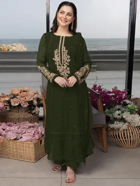 Odette Dark Green Georgette Embroidered Semi Stitched Kurta Set For Women