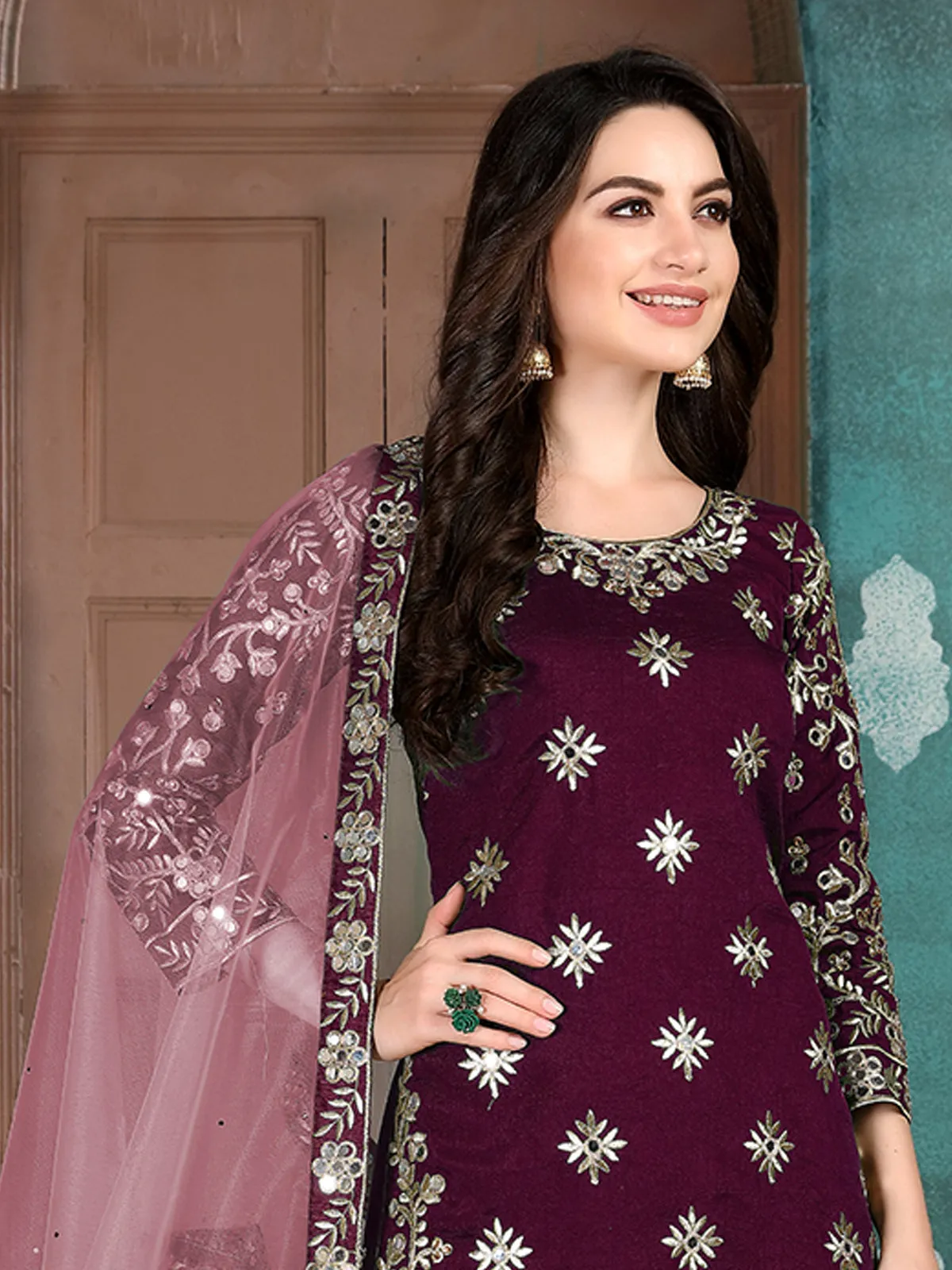 Odette Purple Art Silk Embroidered Semi stitched Kurta Set For Women