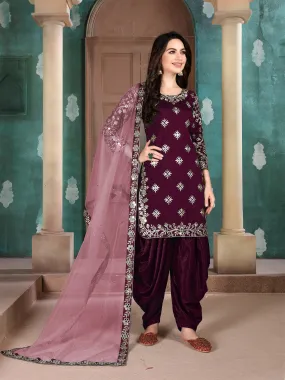 Odette Purple Art Silk Embroidered Semi stitched Kurta Set For Women