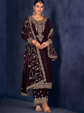 Odette Purple Floral Embroidered Velvet  Semi Stiched Straight Suit For Women