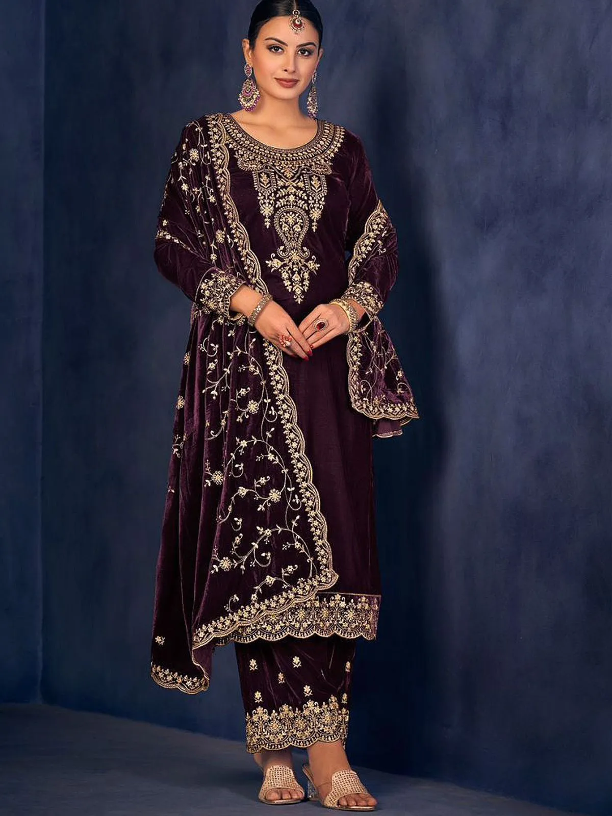 Odette Purple Floral Embroidered Velvet  Semi Stiched Straight Suit For Women