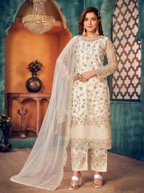 Odette White Net Embroidered Semi stitched Kurta Set with Inner For Women