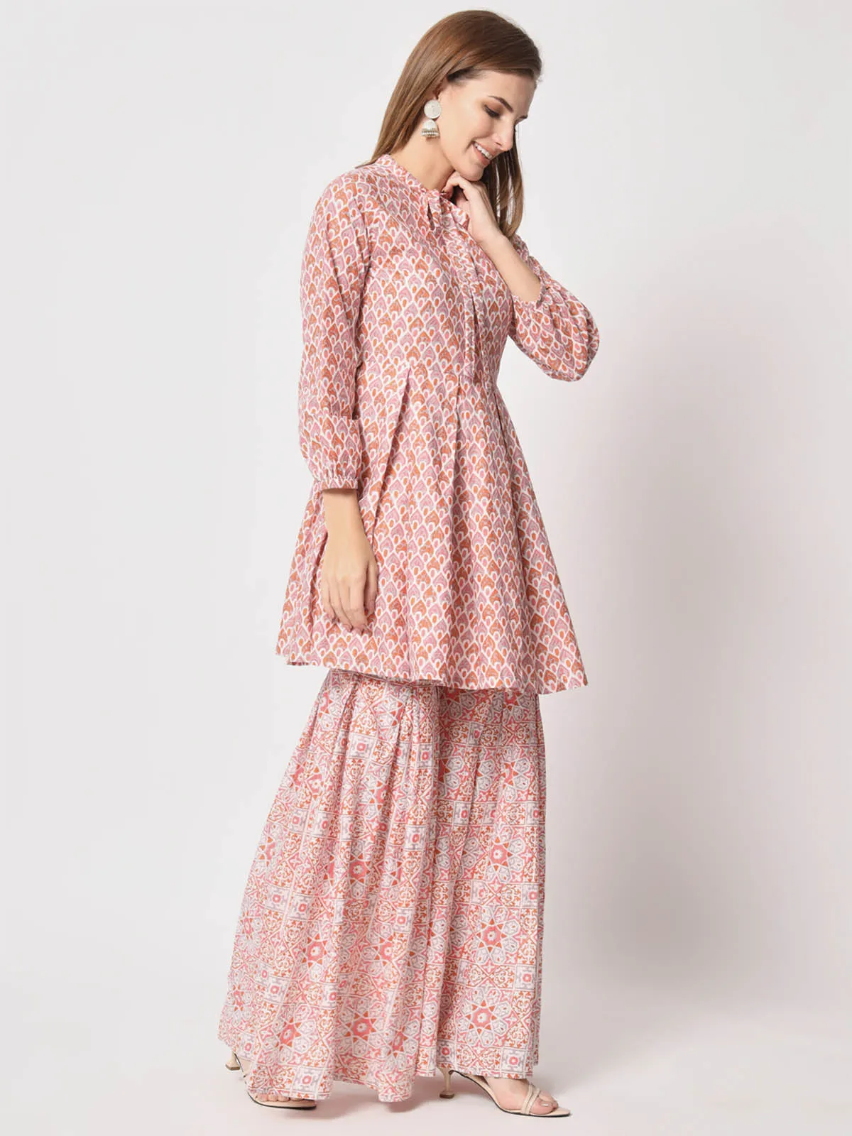 Odette Women Beautiful Pink Cotton Printed Stitched Kurta Set