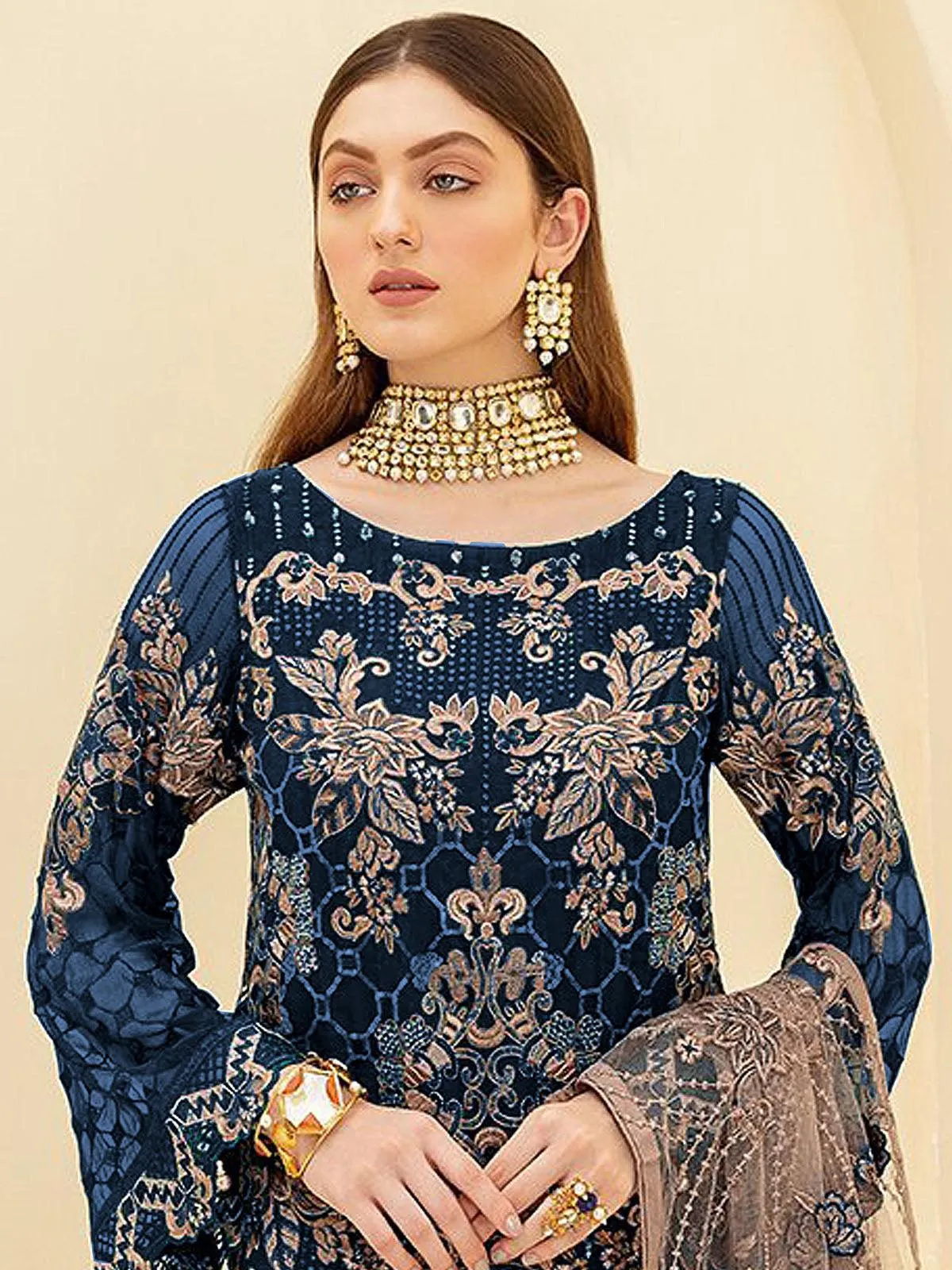 Odette Women Blue Heavy Embroidered Women Semi Stitched Slawar Suit Set