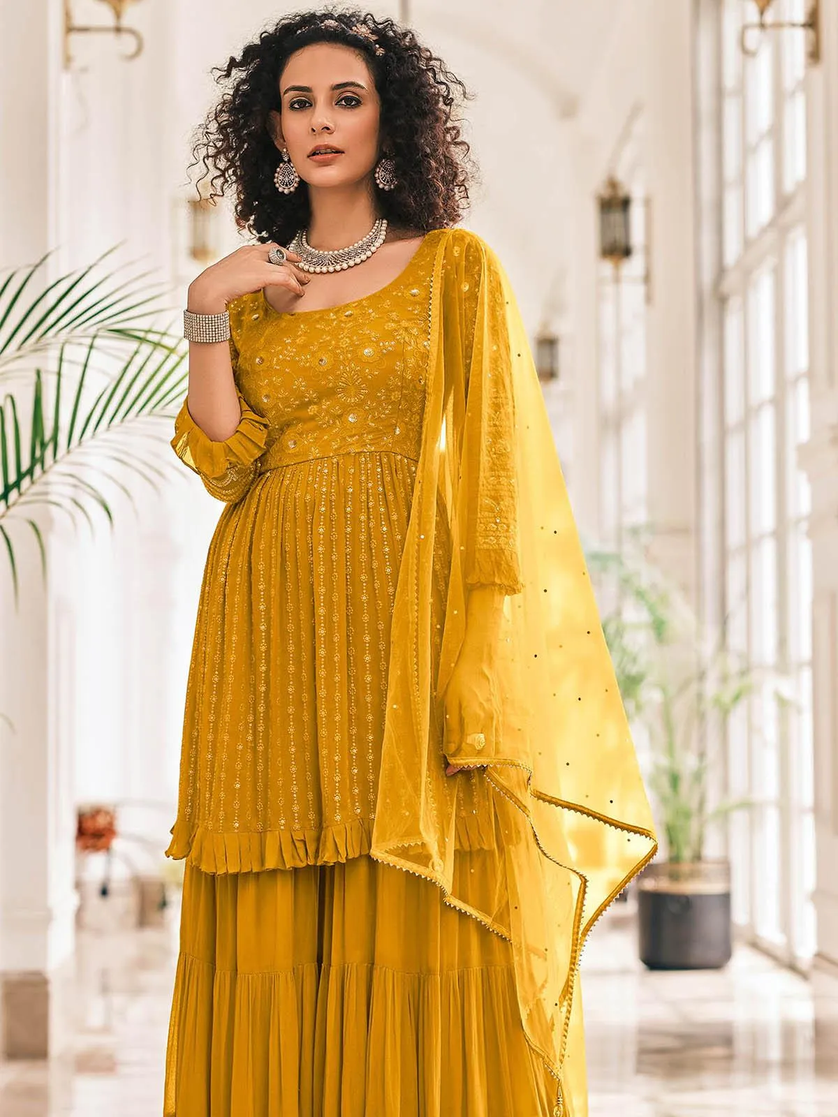 Odette Women Golden Color Viscose Georgette Designer Sharara Semi Stitched Suit