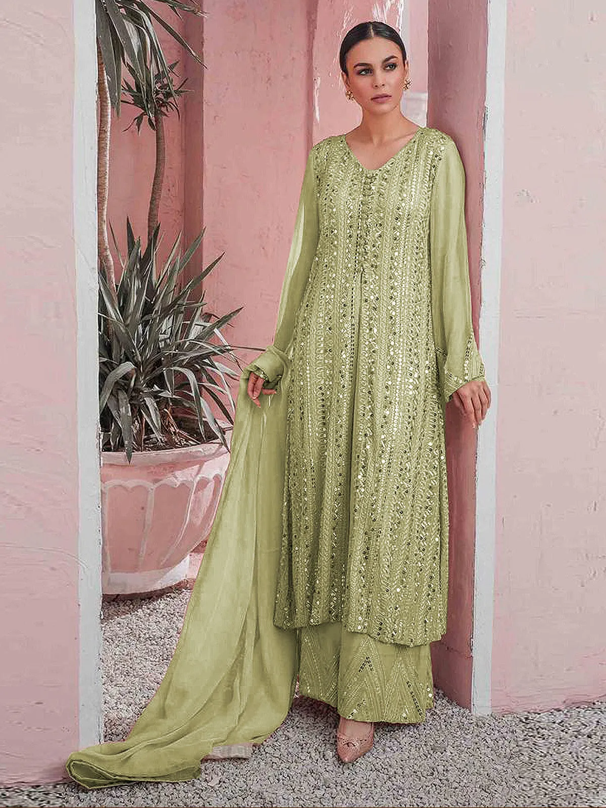 Odette Women Green Color Party Wear Georgette Semi Stitched Suit