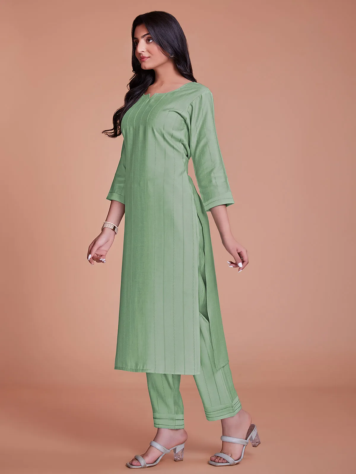 Odette Women Light Green Woven Stitched Kurta Set