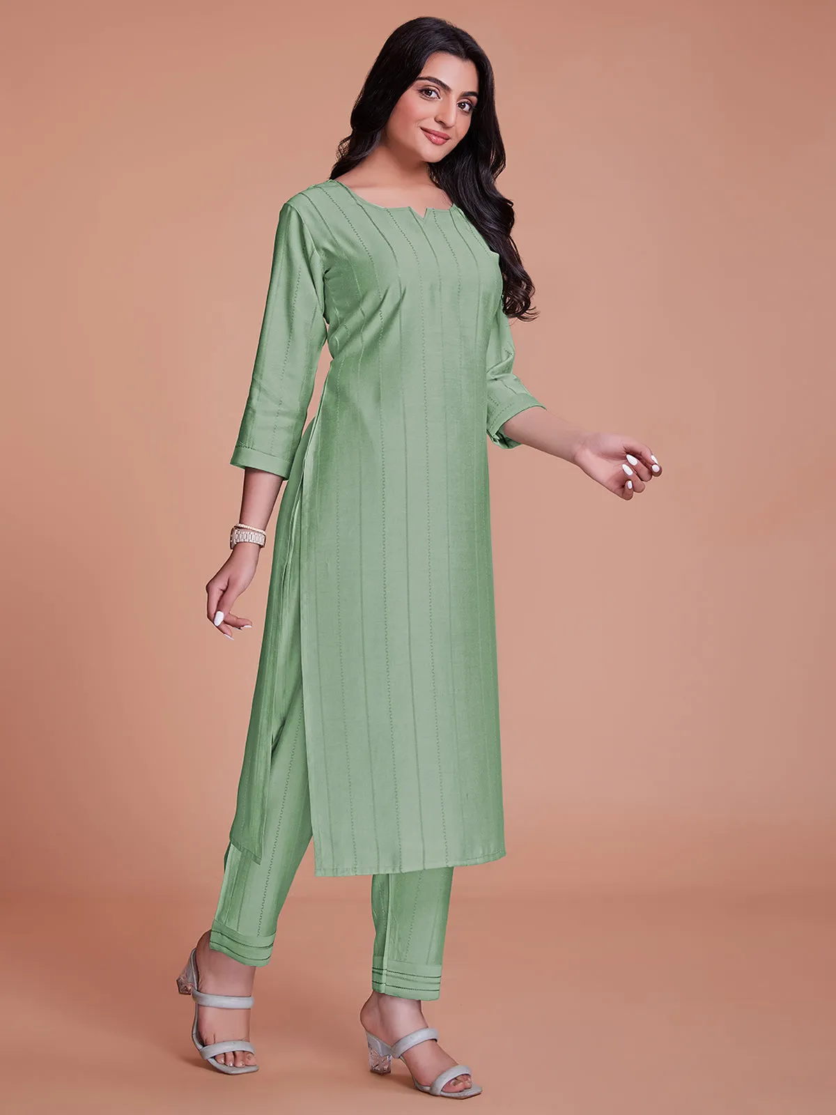 Odette Women Light Green Woven Stitched Kurta Set