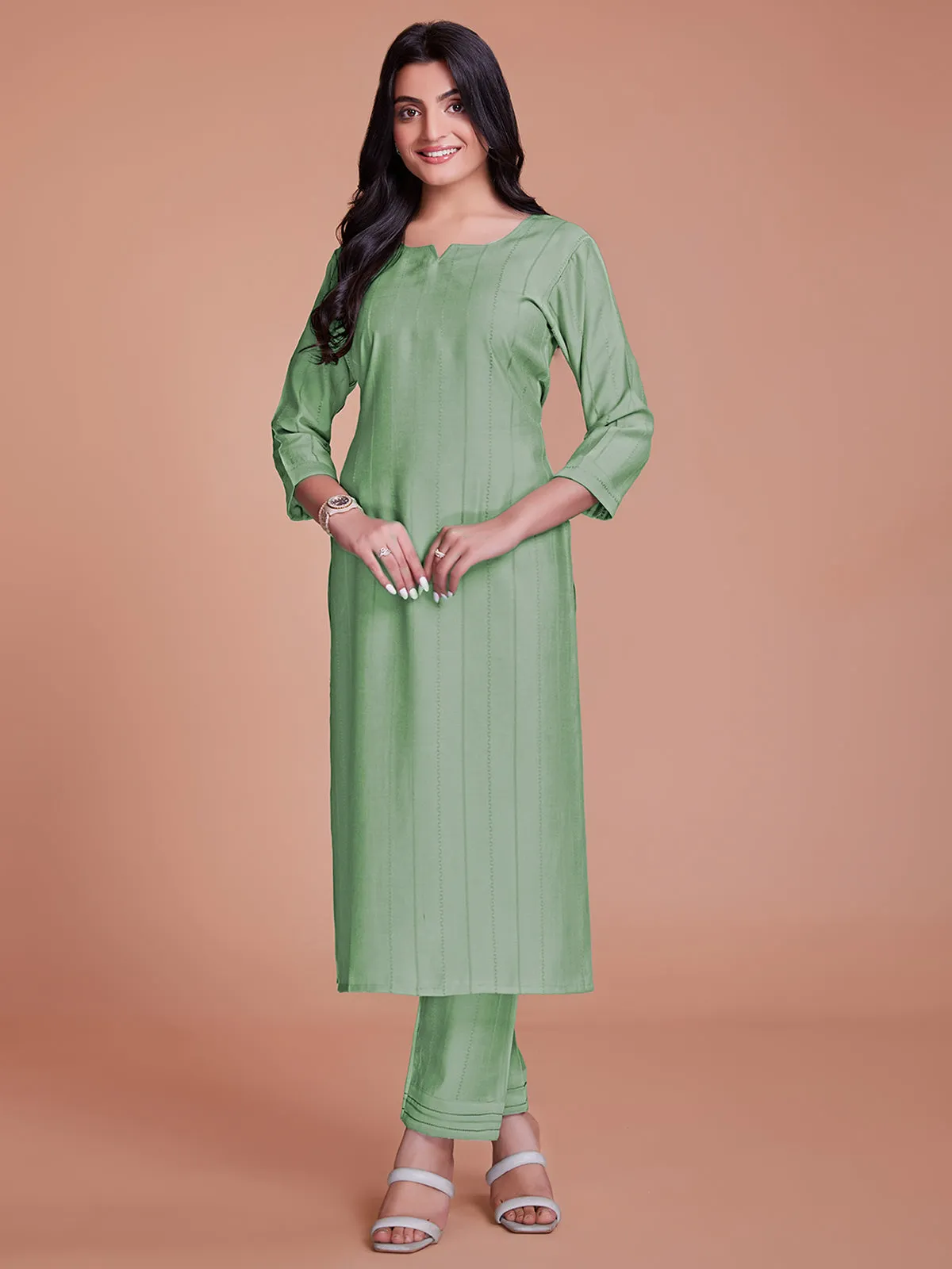 Odette Women Light Green Woven Stitched Kurta Set