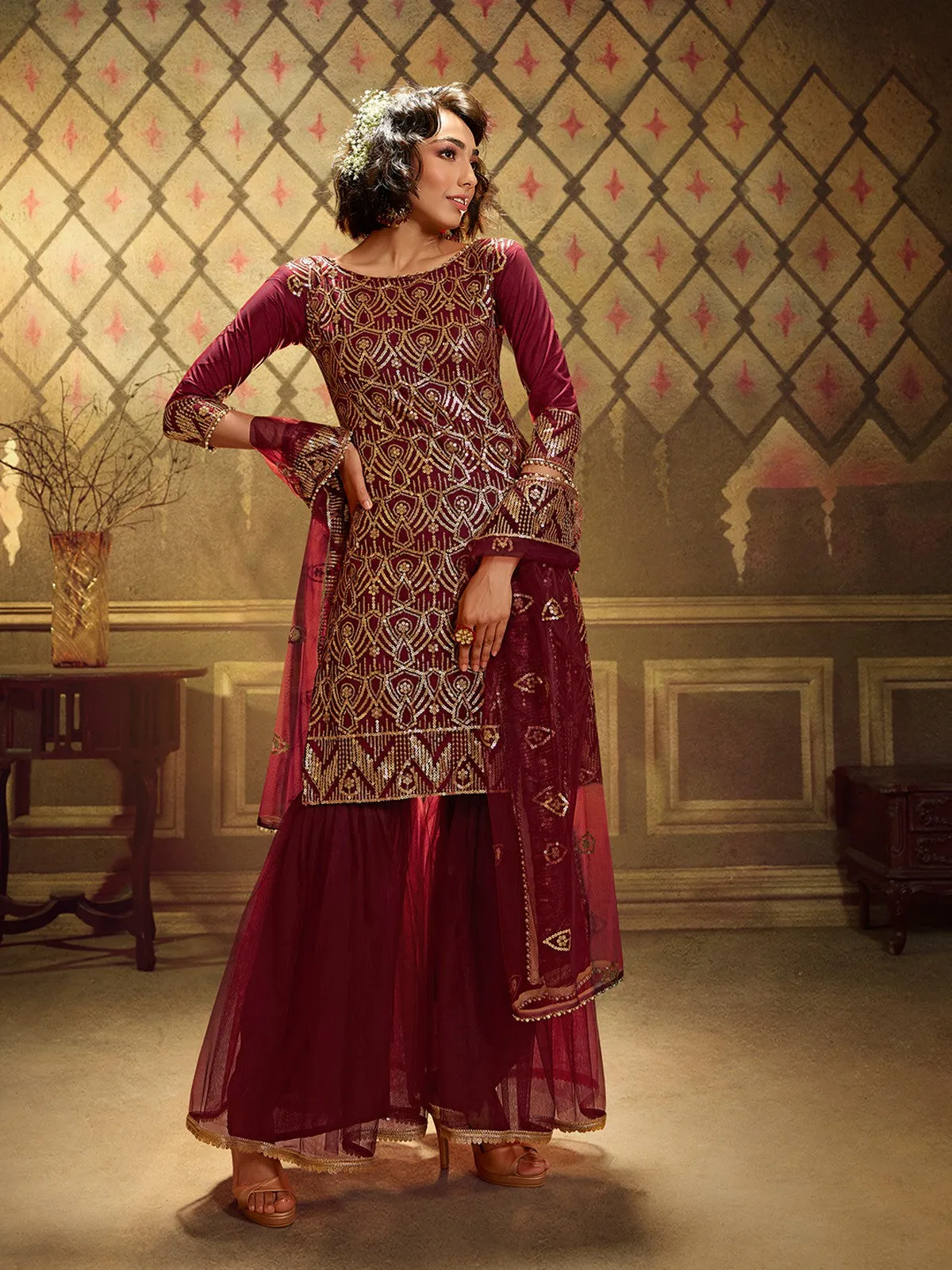 Odette Women Maroon Modern Semi Stitched Kurta Set