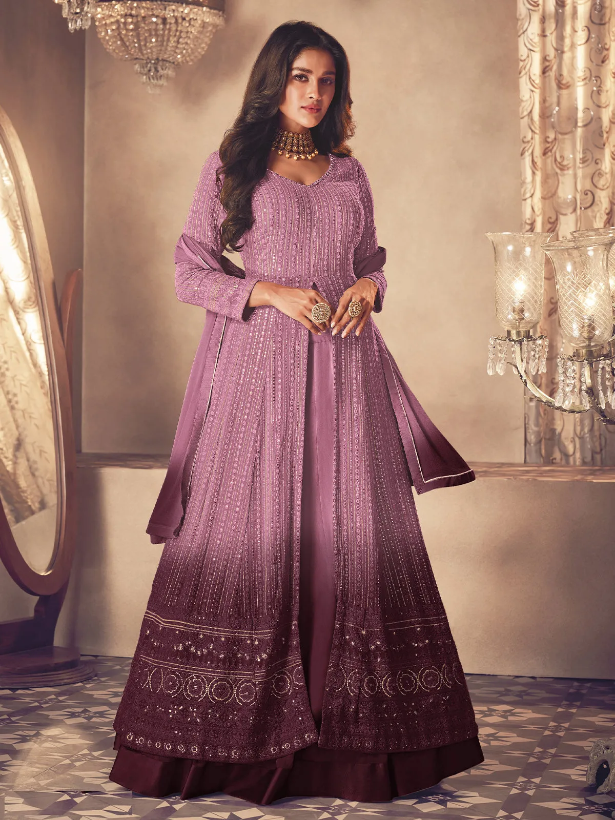 Odette Women Purple Embroidered Georgette Partywear Semi Stitched Anarkali Salwar Suit