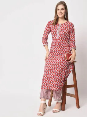 Odette Women Stylish Maroon Cotton Printed Stitched Kurta Set