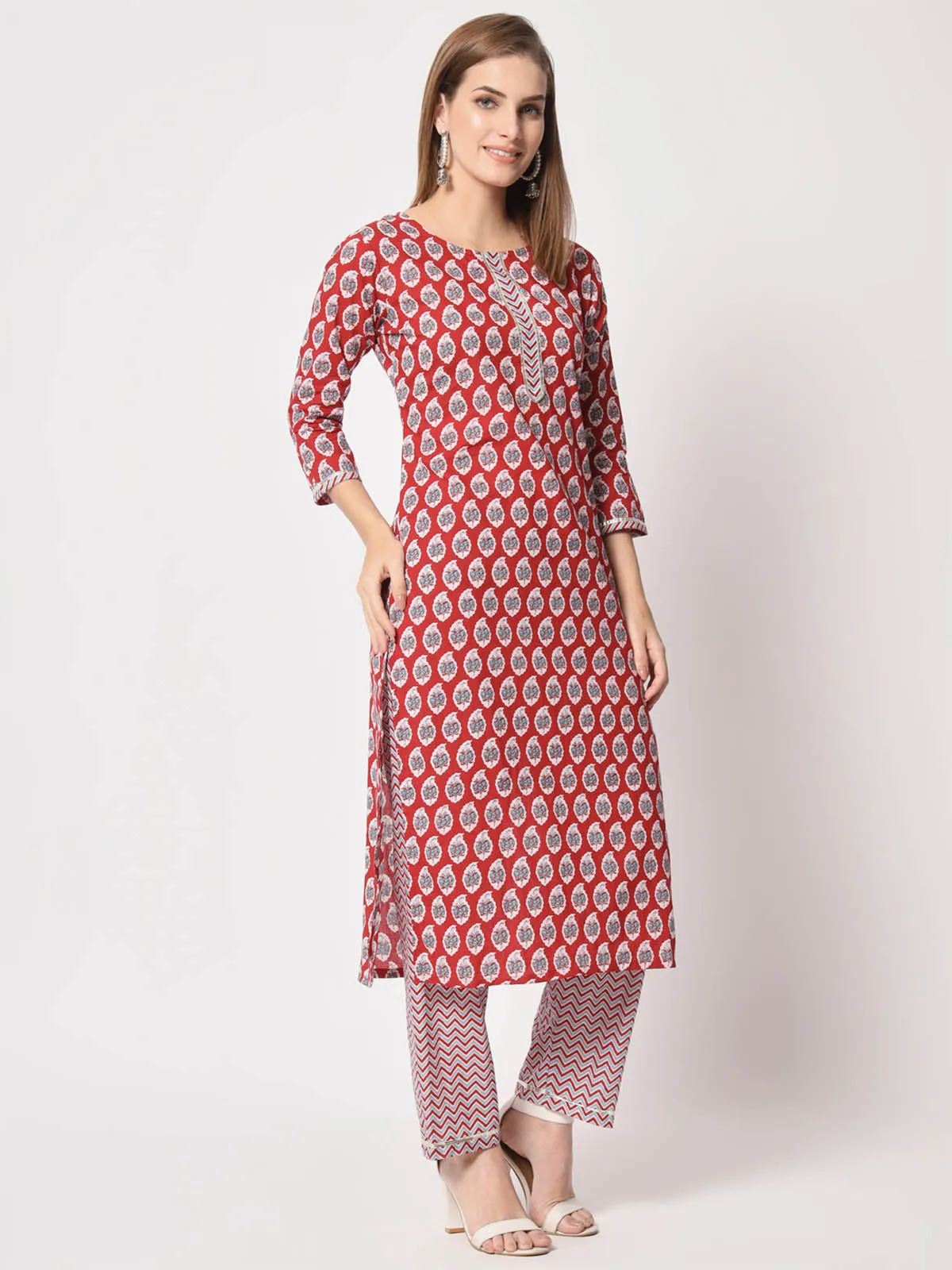 Odette Women Stylish Maroon Cotton Printed Stitched Kurta Set