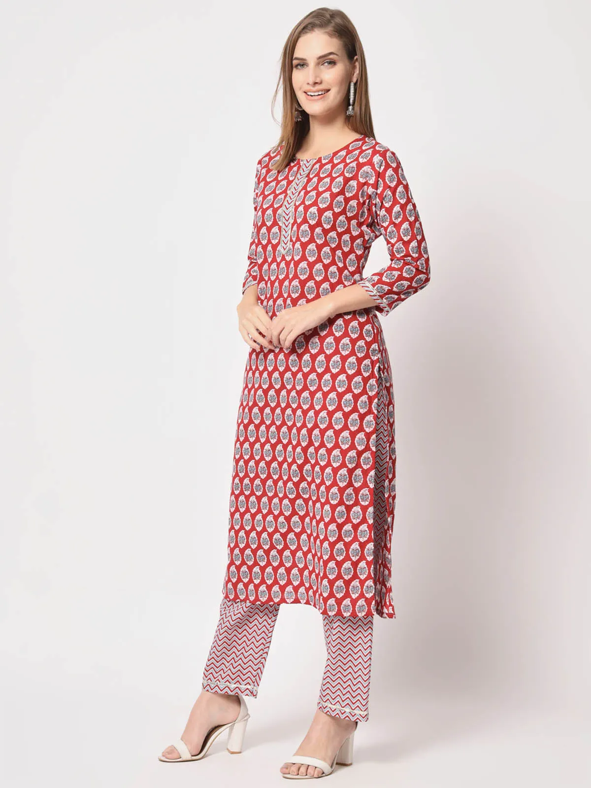 Odette Women Stylish Maroon Cotton Printed Stitched Kurta Set