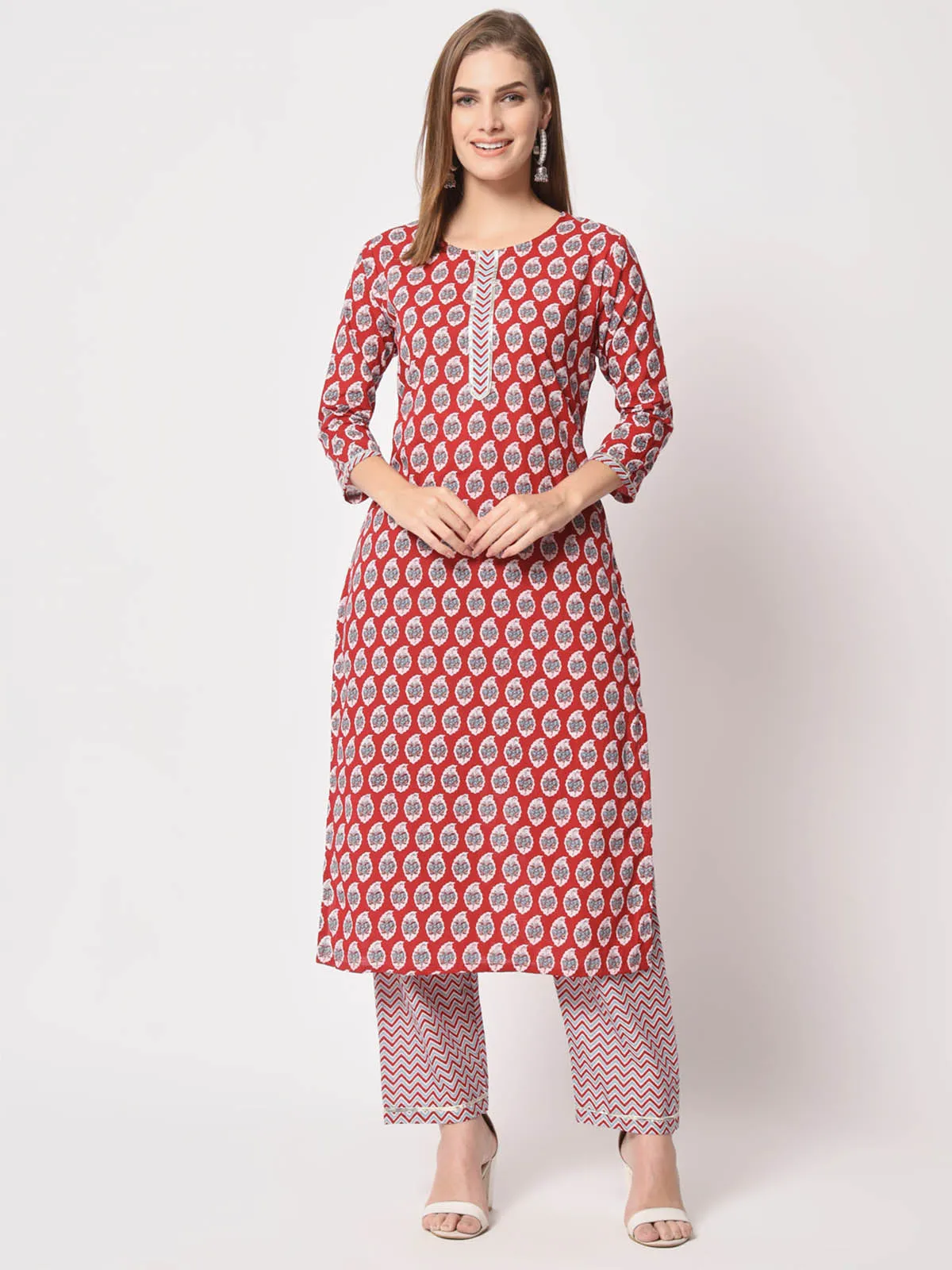 Odette Women Stylish Maroon Cotton Printed Stitched Kurta Set