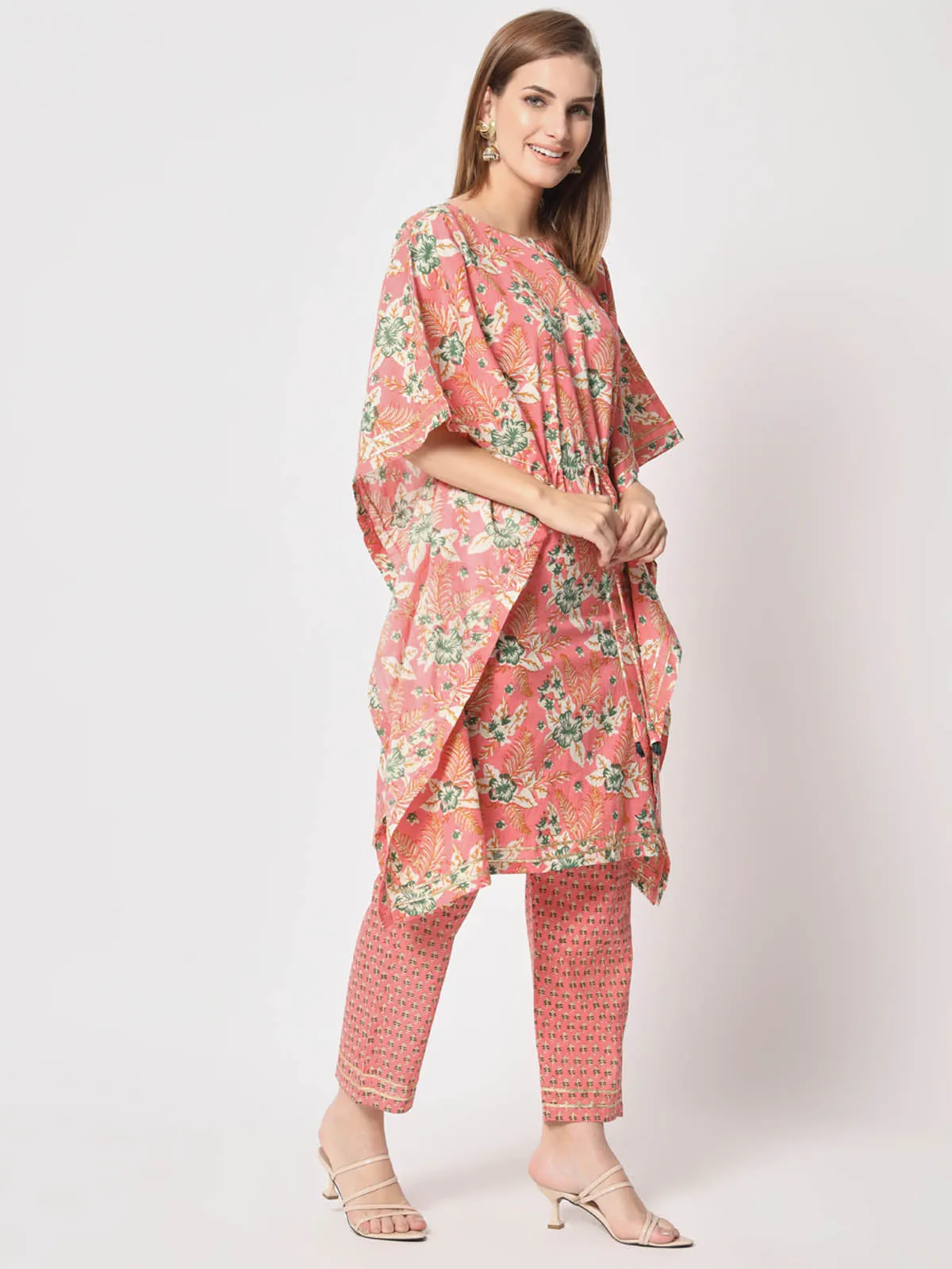 Odette Women Stylish Pink Cotton Printed Stitched Kurta Set