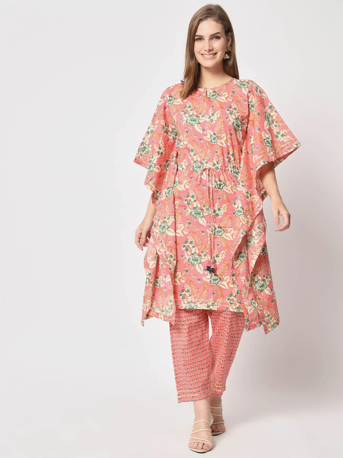 Odette Women Stylish Pink Cotton Printed Stitched Kurta Set