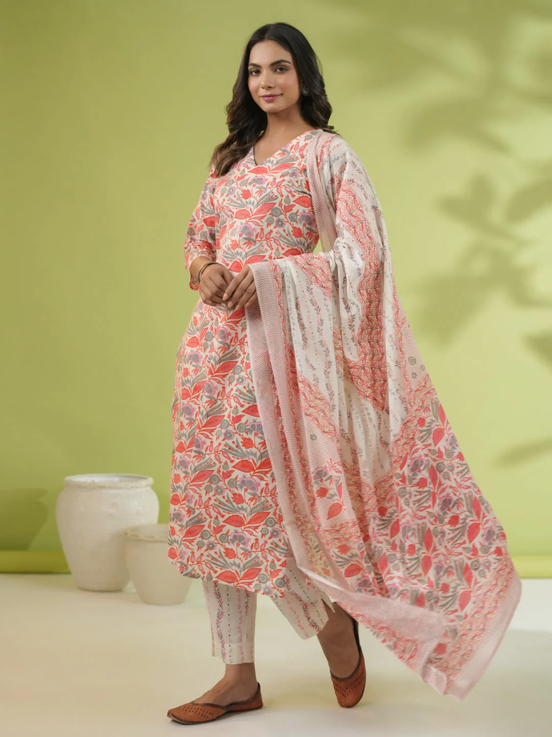 Off White Cotton Floral Regular Kurta Set