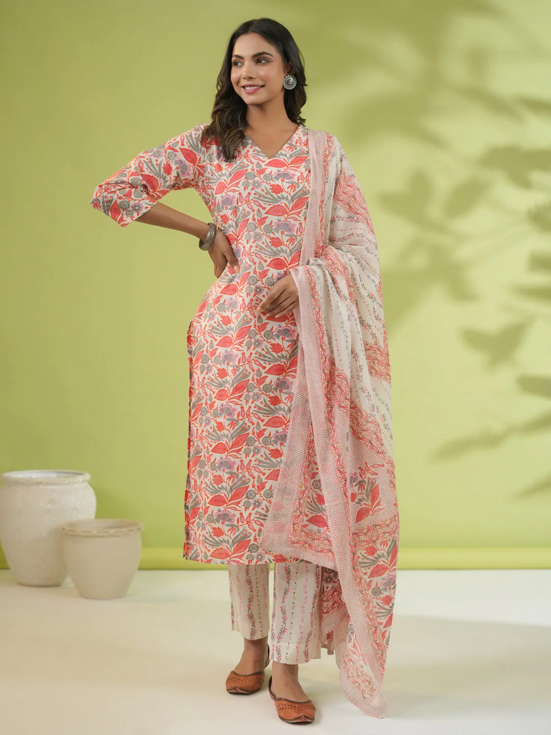 Off White Cotton Floral Regular Kurta Set