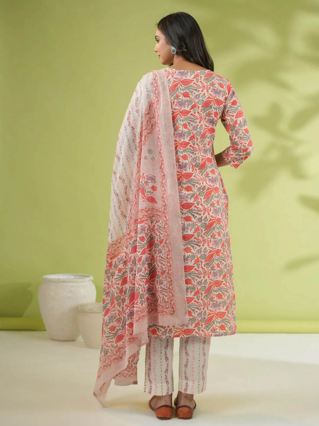 Off White Cotton Floral Regular Kurta Set