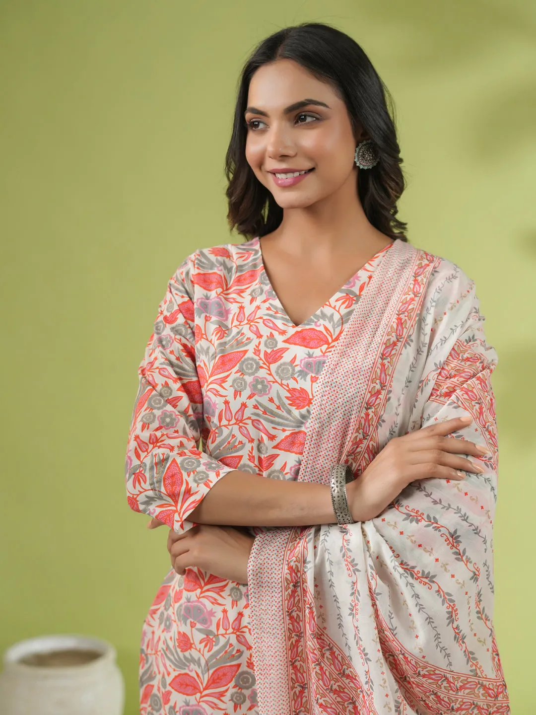 Off White Cotton Floral Regular Kurta Set