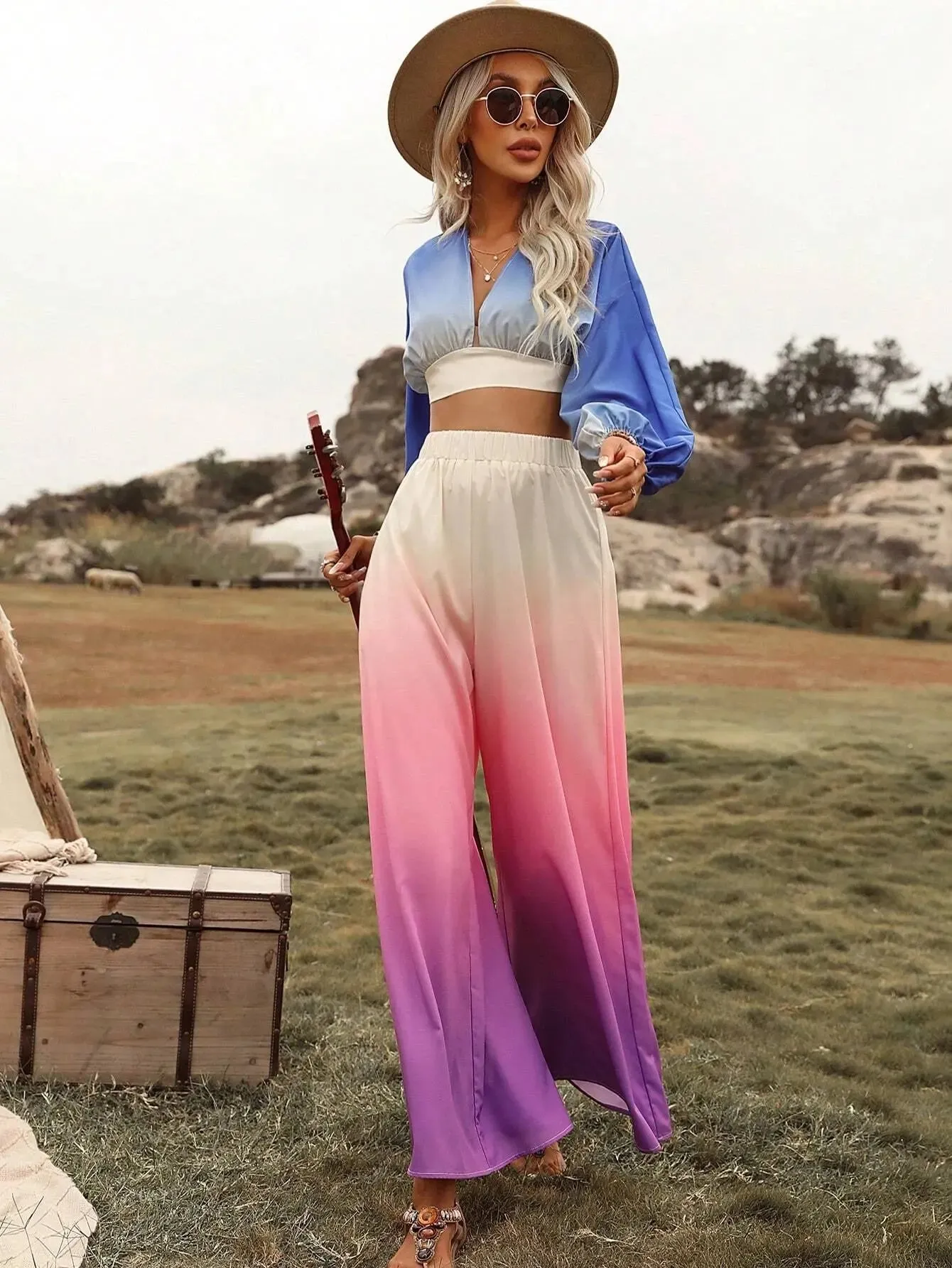 Ombre Lantern Sleeve Crop Top & Wide Leg Trousers