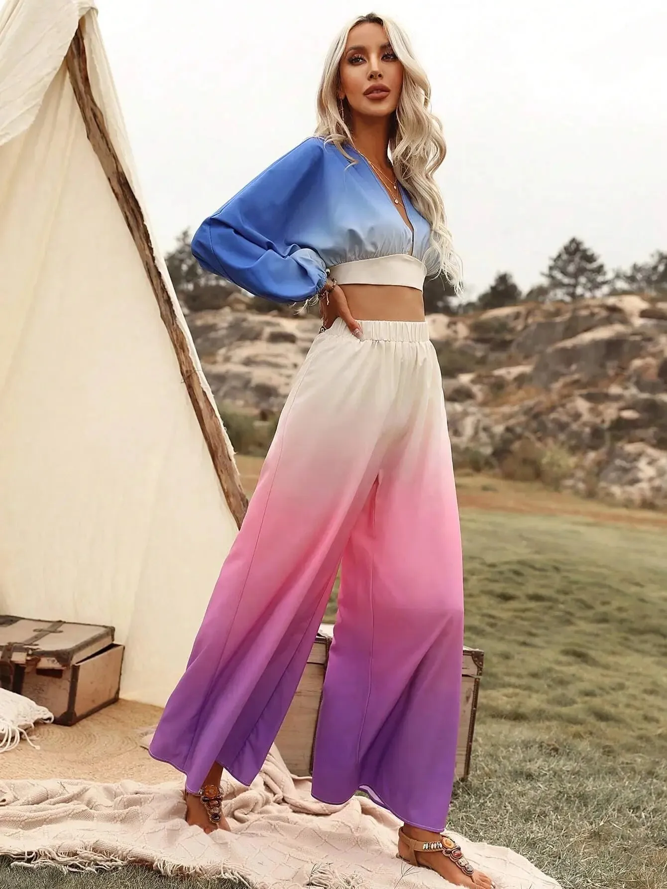 Ombre Lantern Sleeve Crop Top & Wide Leg Trousers