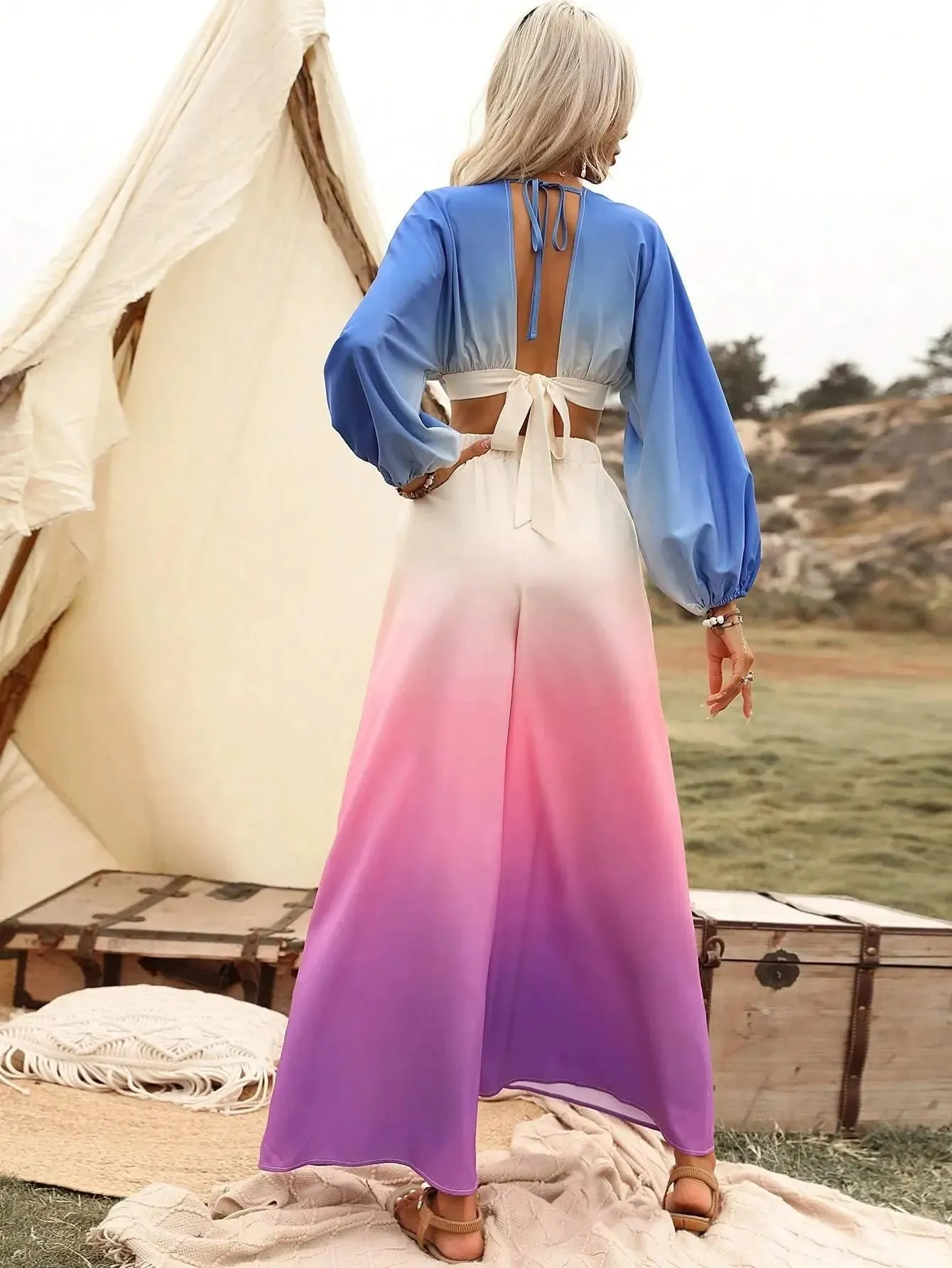 Ombre Lantern Sleeve Crop Top & Wide Leg Trousers